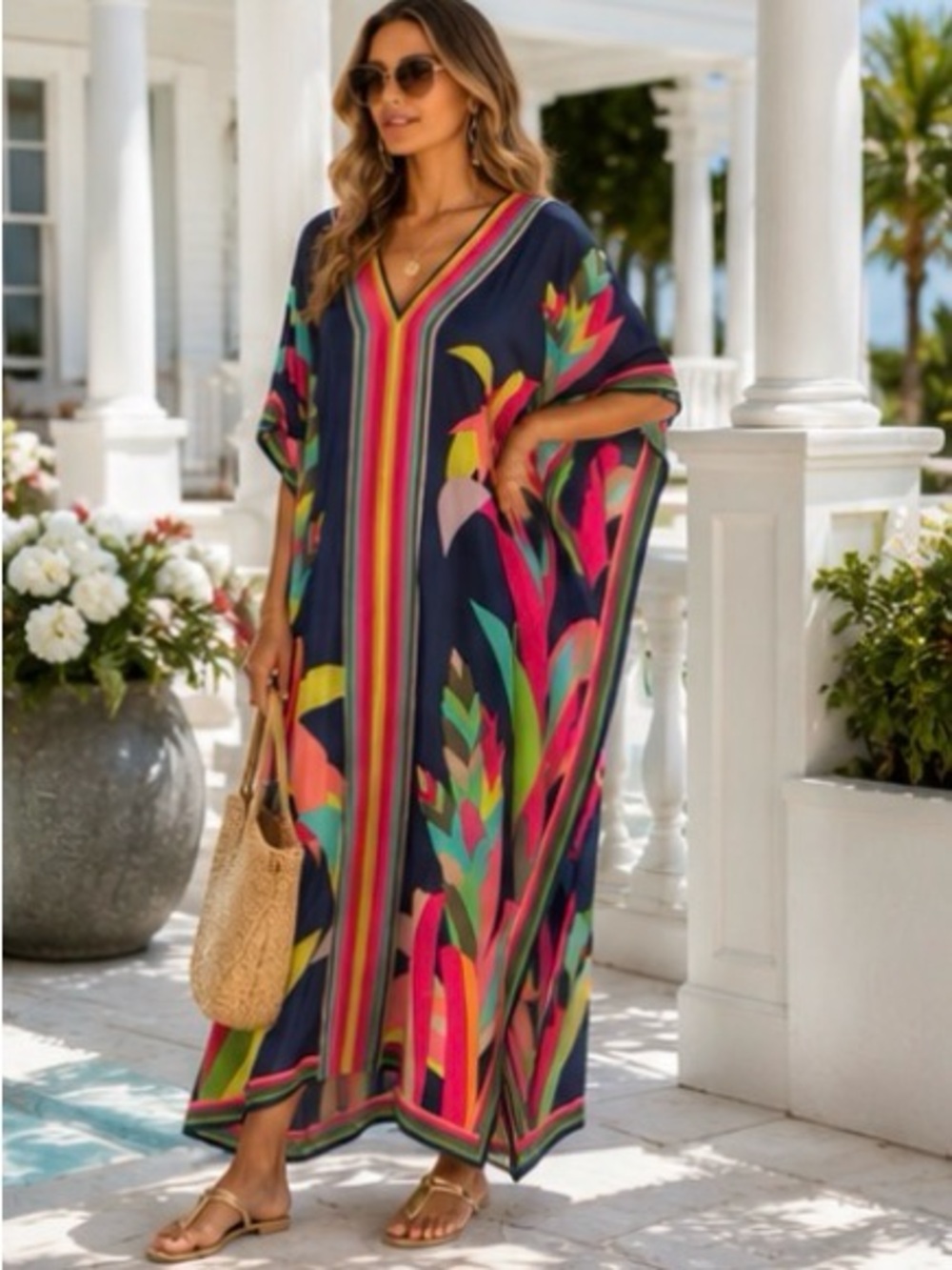 🏆 Trina Turk Style Tropical Caftan Kaftan Maxi Dress | Beach Cover Up - Picture 1 of 6